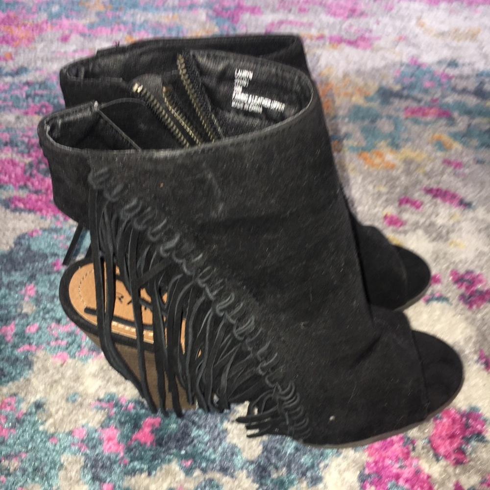 Peep Toe & Open Heel Fringe Bootie 3” Heel